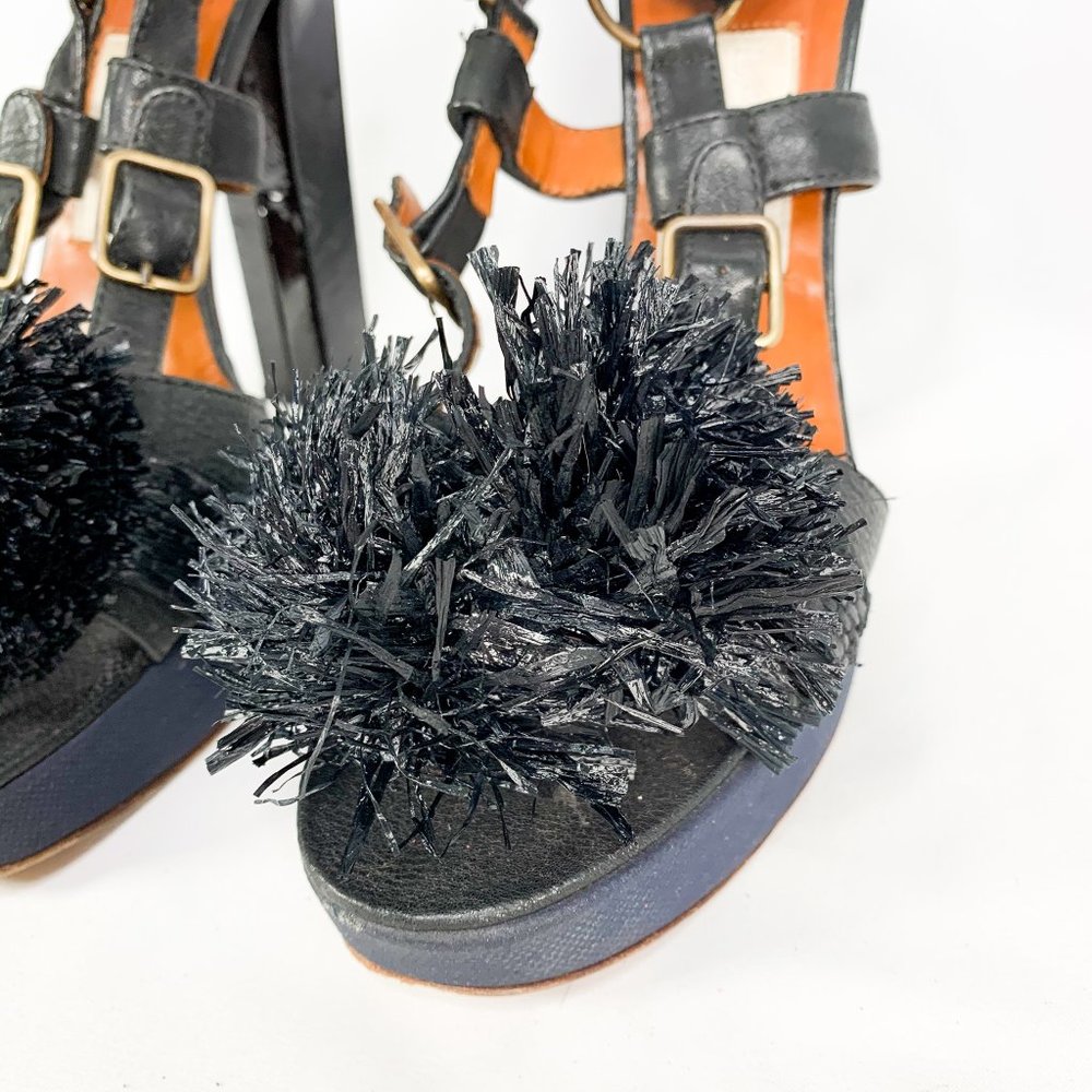 LANVIN Black Lametta Peep Toe Buckle Sandal Pumps - Picture 6 of 11
